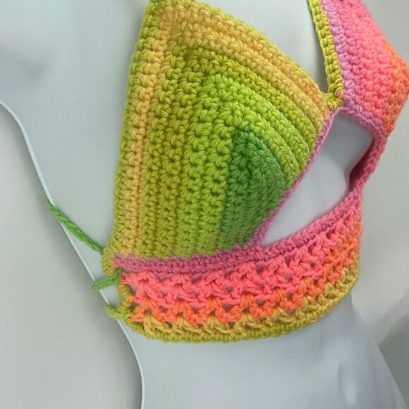 Handmade peek-a-boo crochet rainbow neon halter top crop open knit - Picture 9 of 11